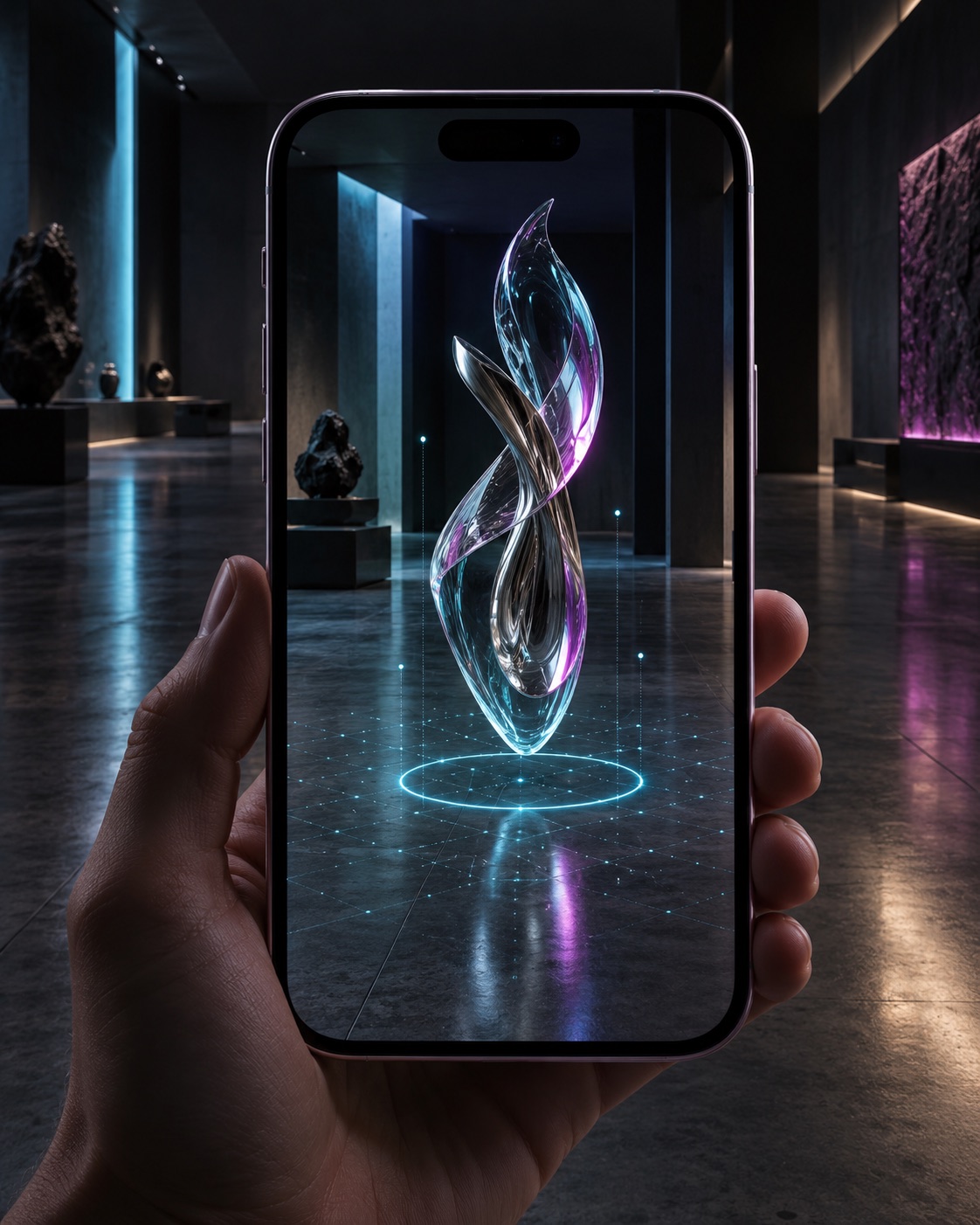 Uno smartphone mostra una scultura digitale in realtà aumentata, invisibile nell'ambiente fisico esterno allo schermo