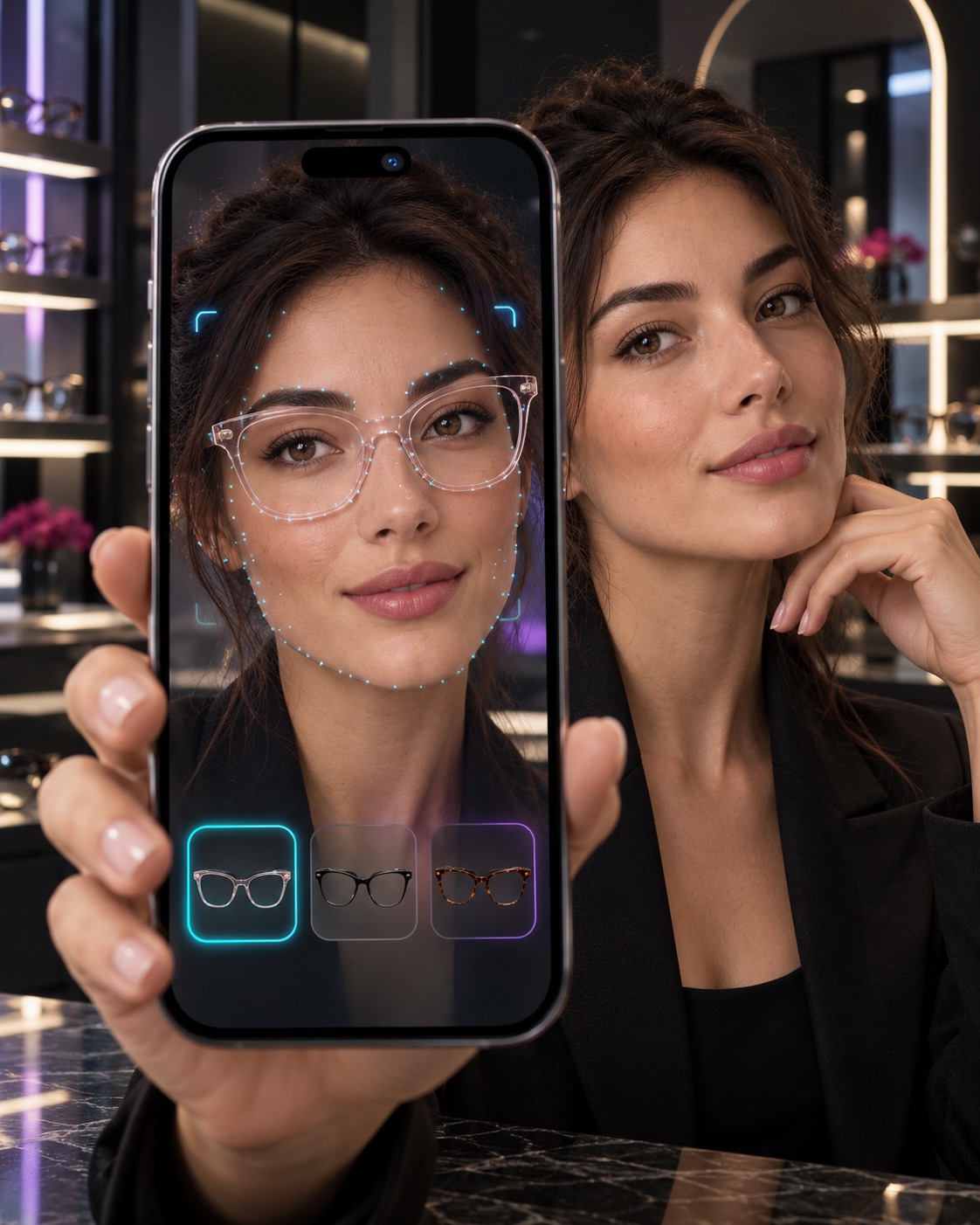 Una persona prova digitalmente tre montature di occhiali attraverso la fotocamera dello smartphone