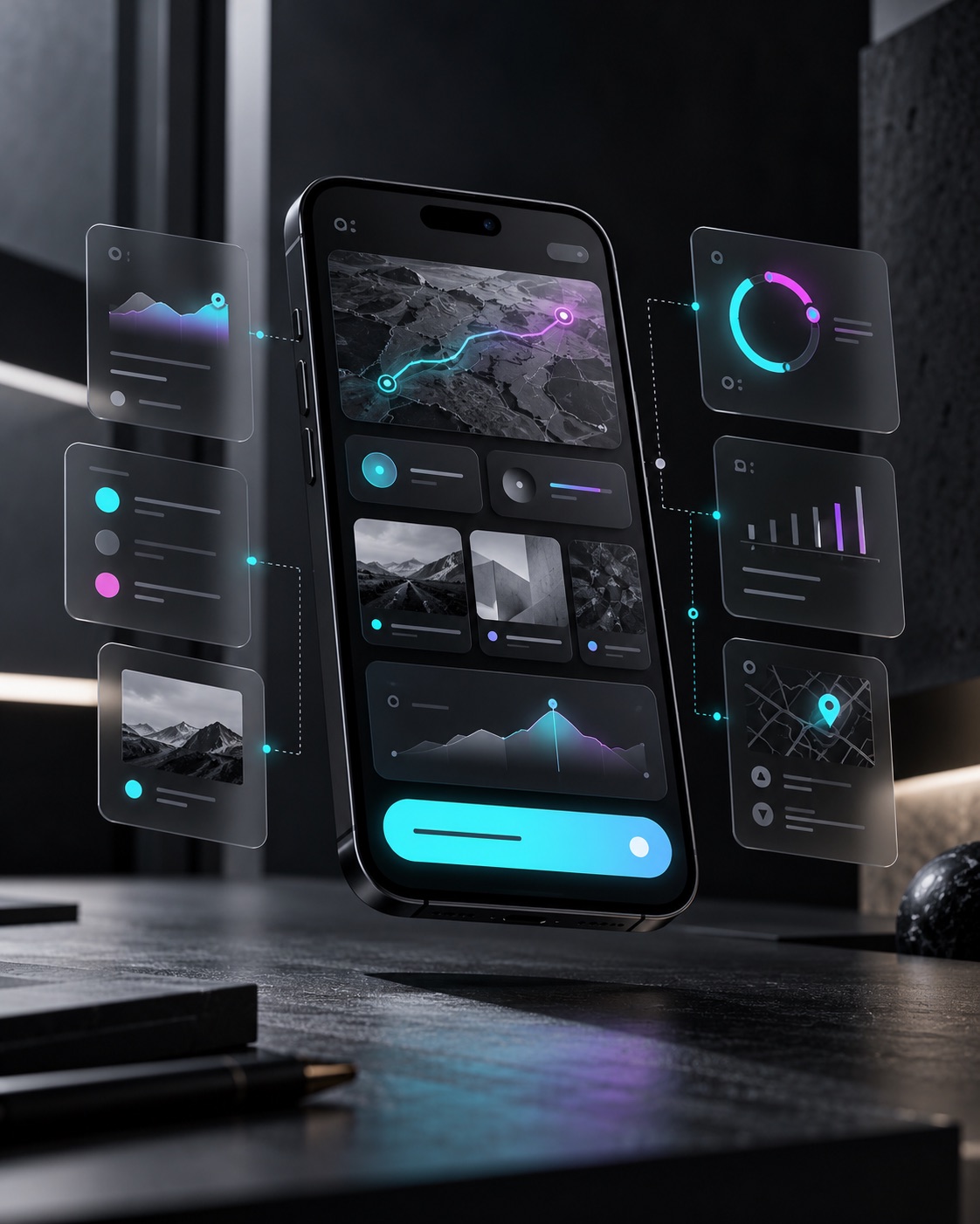Smartphone con un'interfaccia modulare personalizzata e componenti digitali collegati