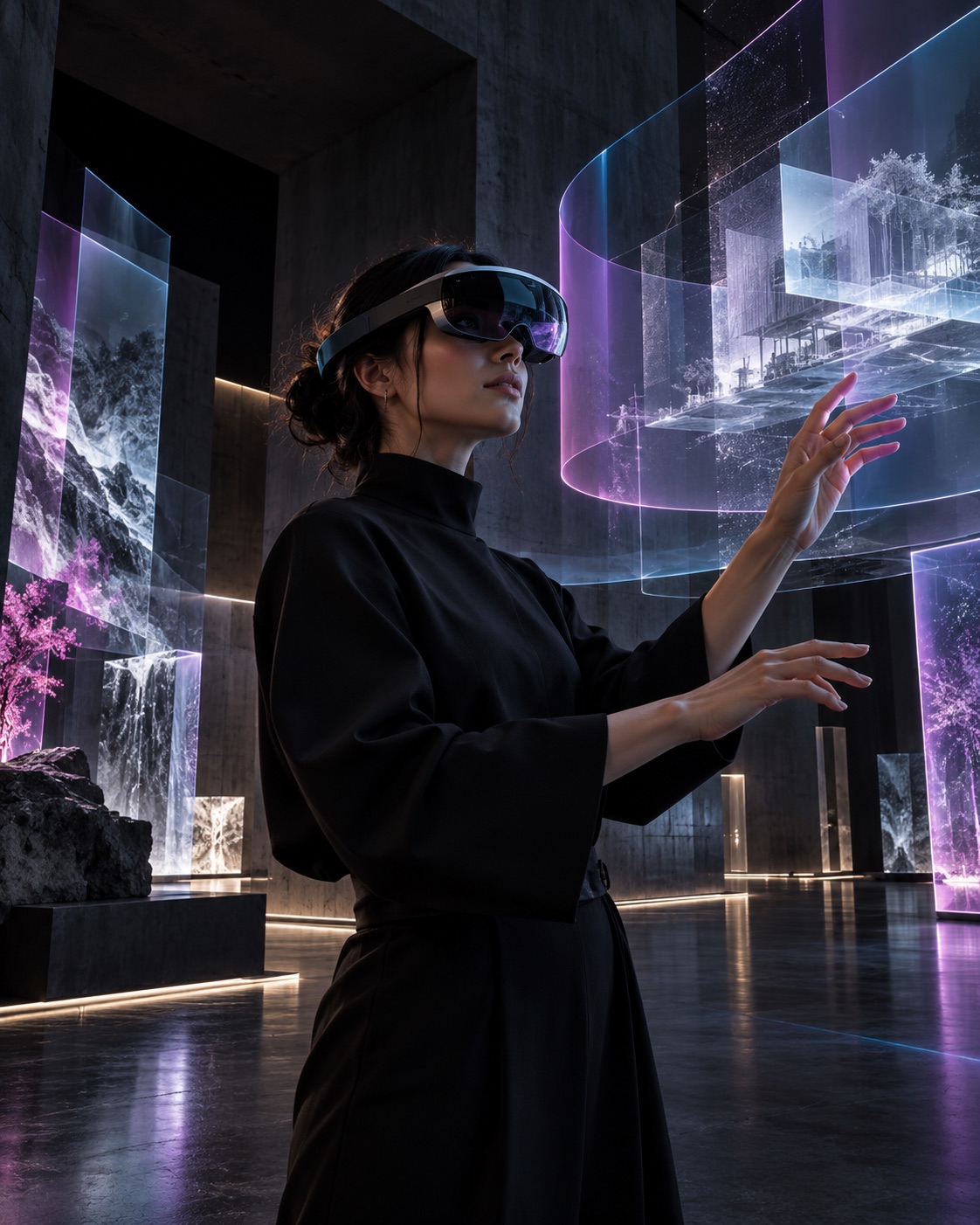 Persona con visore mixed reality immersa in livelli digitali tridimensionali nei colori BOLDSTUFF