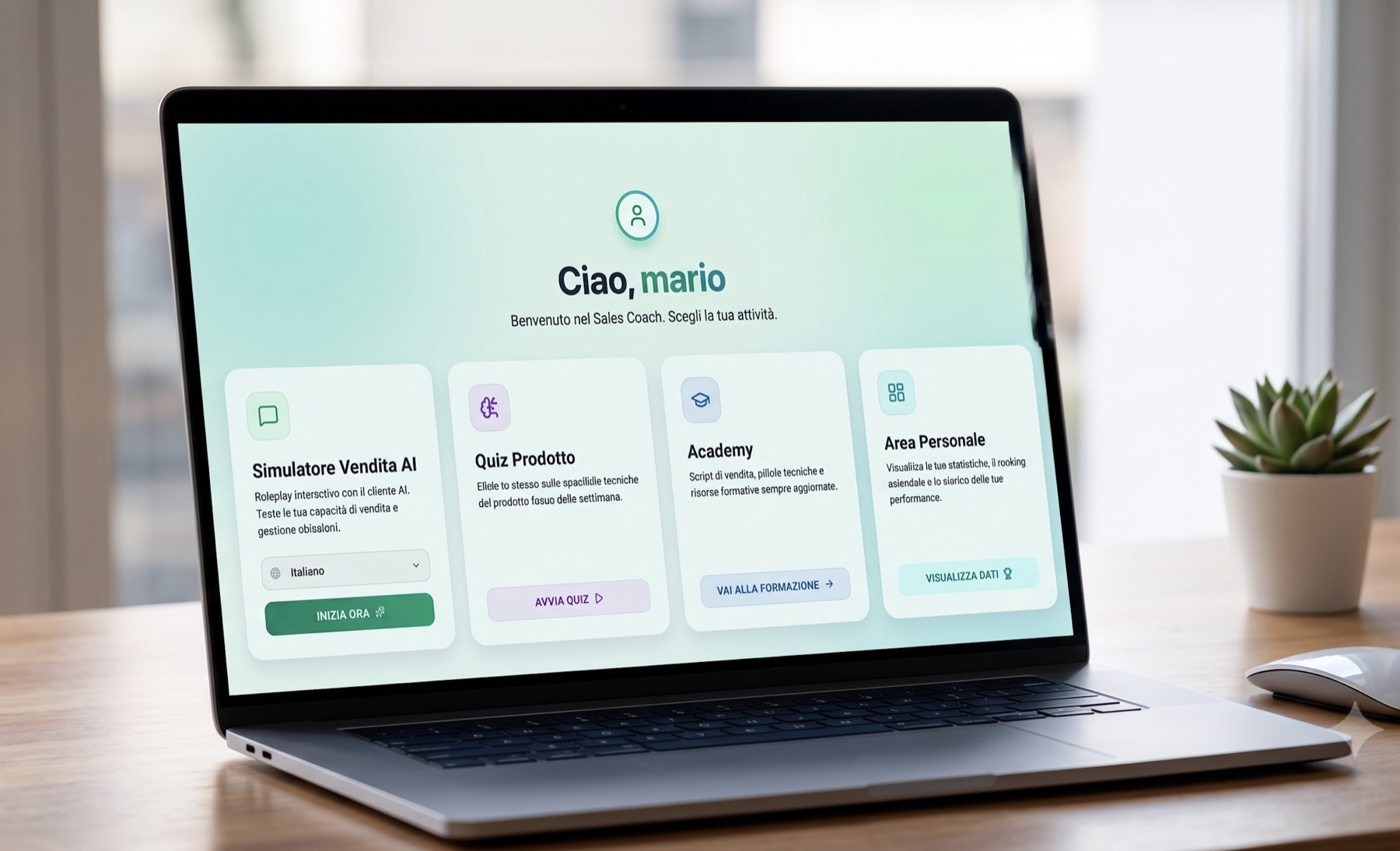 Sales Coach AI aperto su un laptop: simulatore di vendita, quiz, Academy e area personale