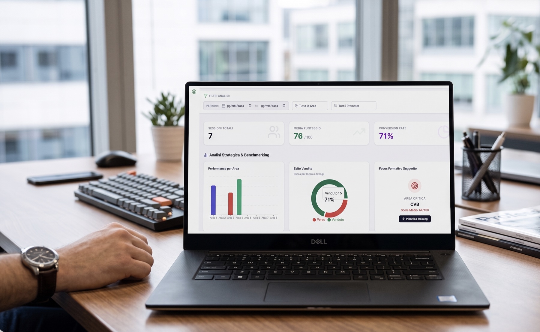 Dashboard Sales Coach AI su un laptop con punteggi, performance della rete e focus formativi suggeriti