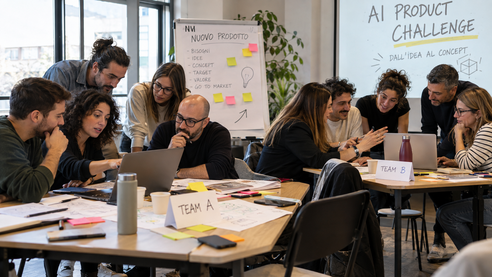 Due team aziendali collaborano a un'AI Product Challenge con laptop, post-it e lavagne