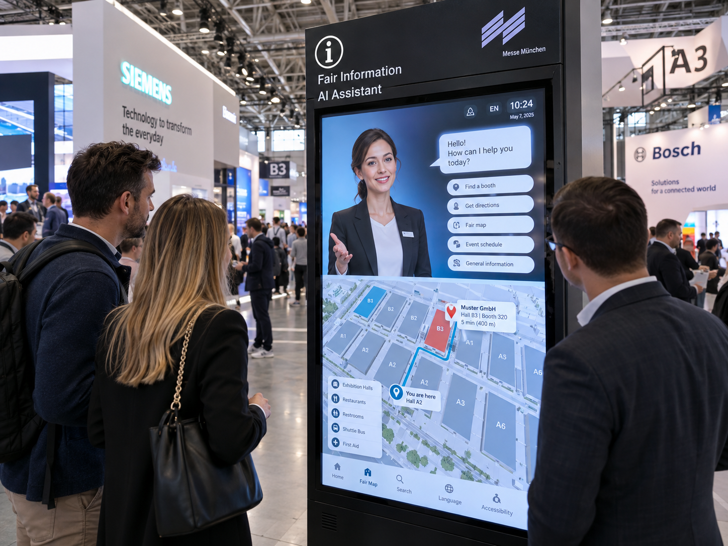 Assistente AI interattivo su un totem informativo utilizzato dai visitatori di una fiera