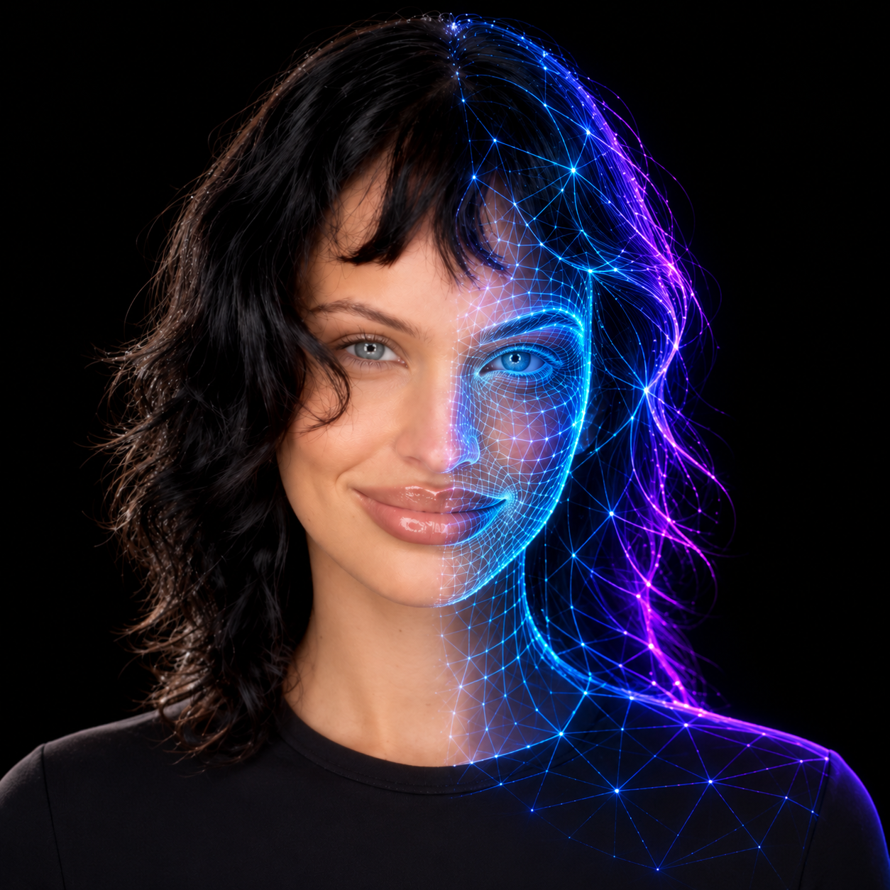 Ritratto femminile diviso tra volto umano e reticolo digitale luminoso