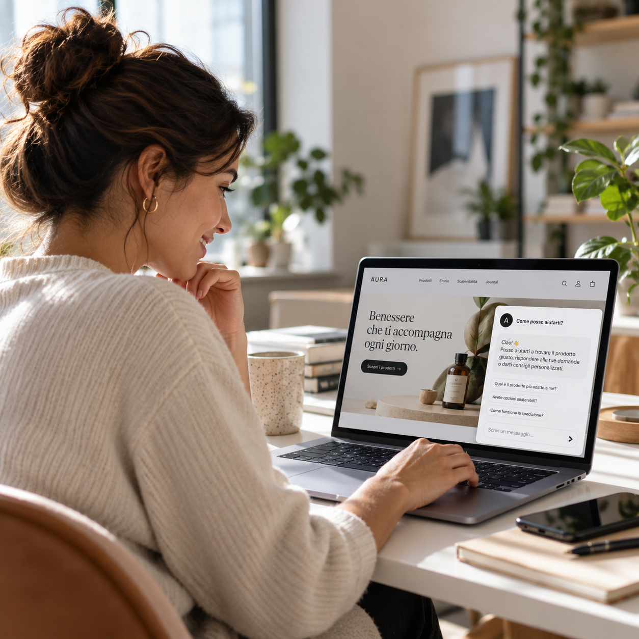 Assistente conversazionale integrato in un sito ecommerce visualizzato su laptop