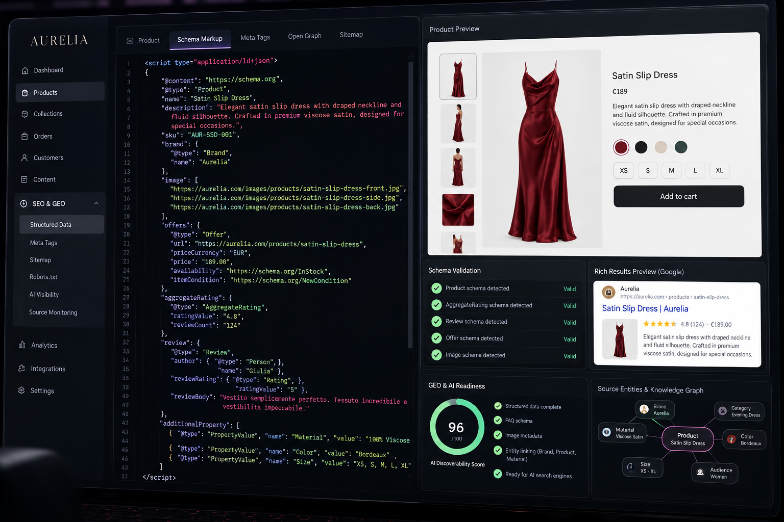 Dashboard ecommerce con schema markup, validazione, GEO readiness e knowledge graph