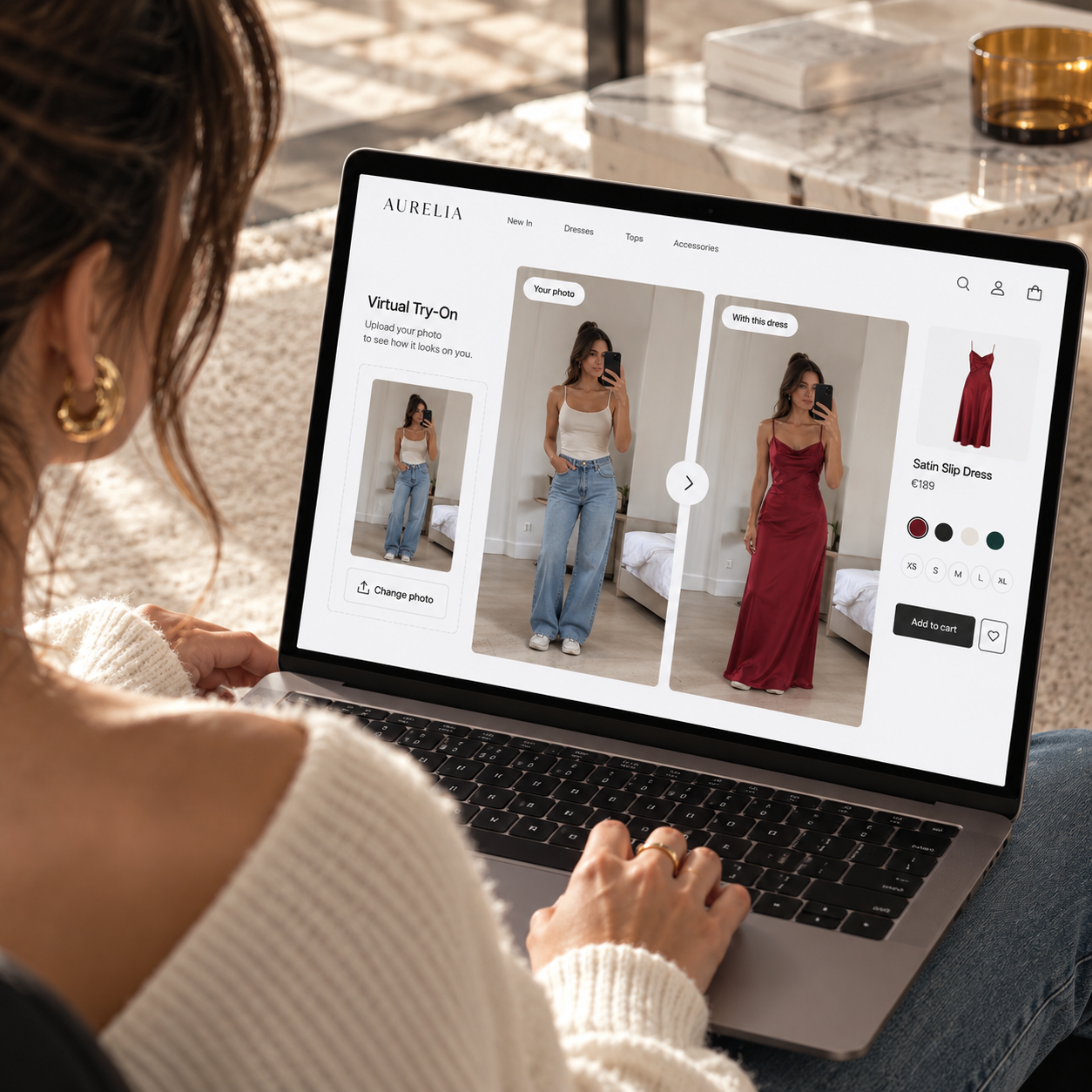 Esperienza ecommerce con virtual try-on visualizzata su laptop